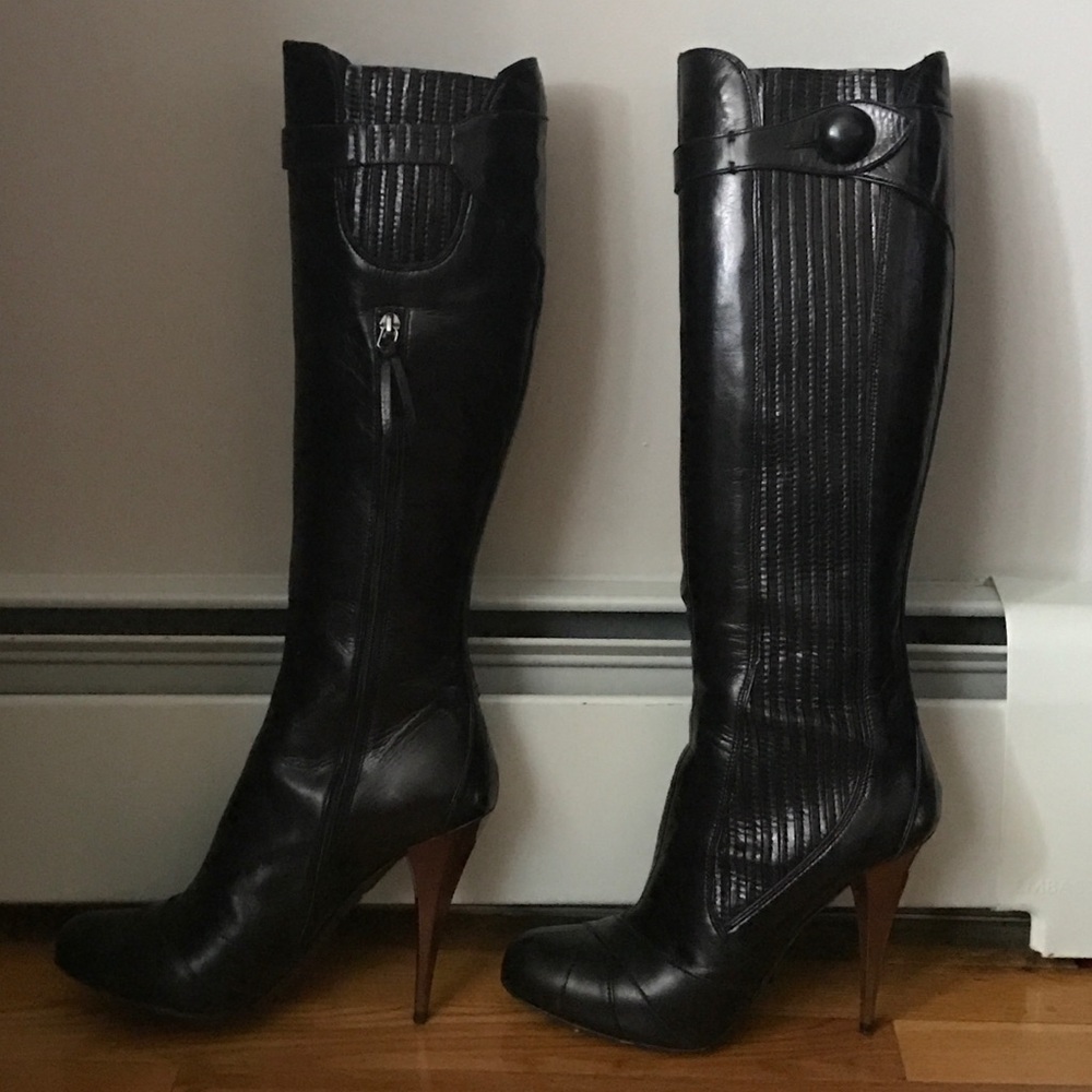 Miu Miu Black Leather Knee-High Heeled Boots